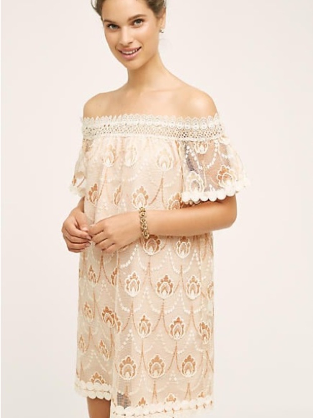 HD in Paris Embroidered Off-Shoulder Mini Dress in Blush and Cream
